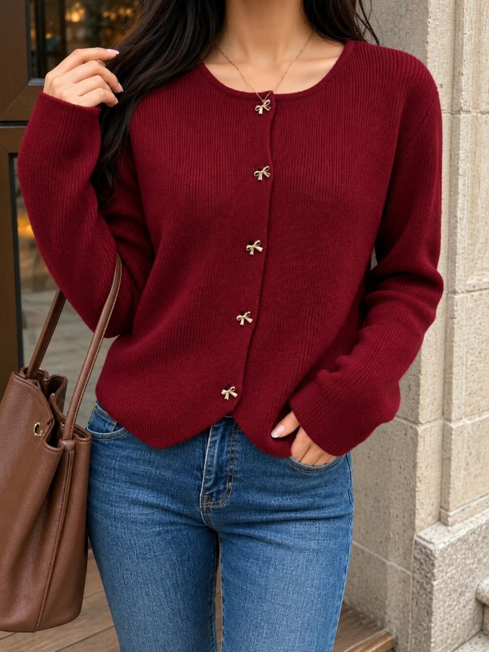 Women's Burgundy Bow Button Up Knit Cardigan Long Sleeve Sweater